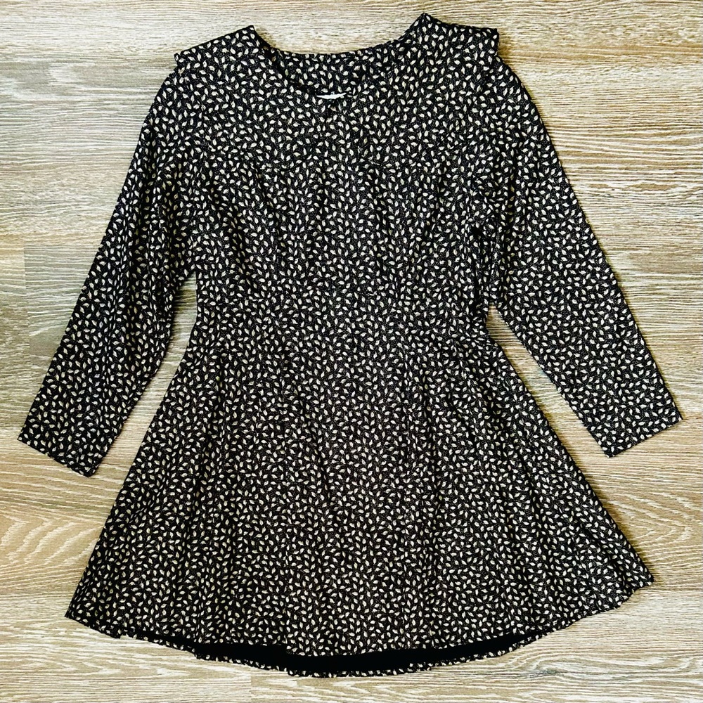 Vintage 80s black mini dress — leaf print with oversized round collar